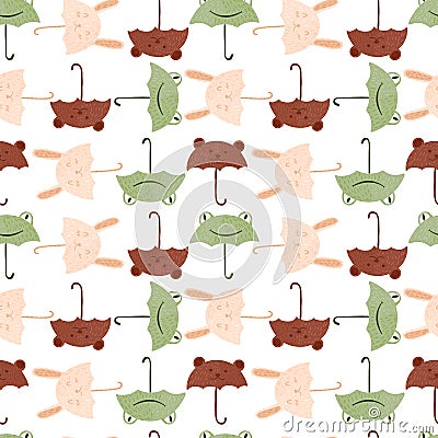 Seamless pattern umbrellas animals on white background. Funny cartoon characters bunny, frog and bear Vector Illustration