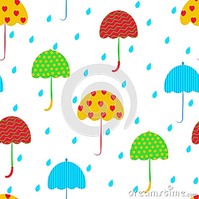 Seamless pattern. Umbrellas and rain on a white background. Flat vector. Vector Illustration