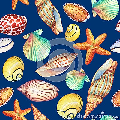 Seamless pattern with underwater life objects, on dark blue background. Marine design-shell, sea star. Watercolor hand d Cartoon Illustration