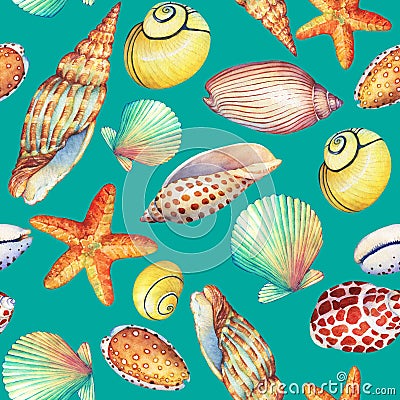 Seamless pattern with underwater life objects, isolated on turquoise background. Marine design-shell, sea star. Watercolor hand d Cartoon Illustration