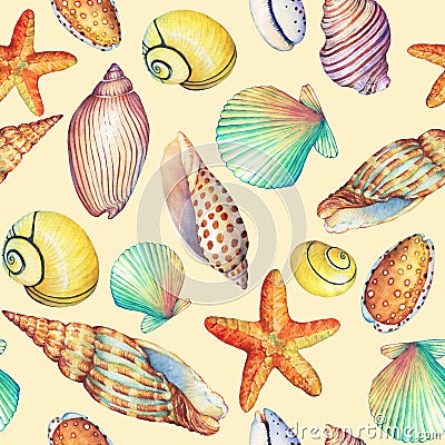 Seamless pattern with underwater life objects, isolated on yellow background. Marine design-shell, sea star. Watercolor hand draw Cartoon Illustration