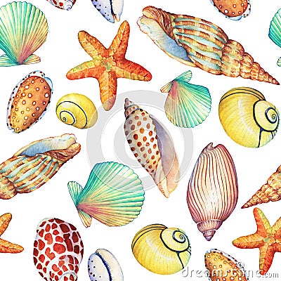 Seamless pattern with underwater life objects, on white background. Marine design-shell, sea star. Watercolor hand drawn Cartoon Illustration
