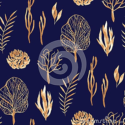 Seamless pattern with underwater plants, corals and leaves in golden watercolor. Cartoon Illustration