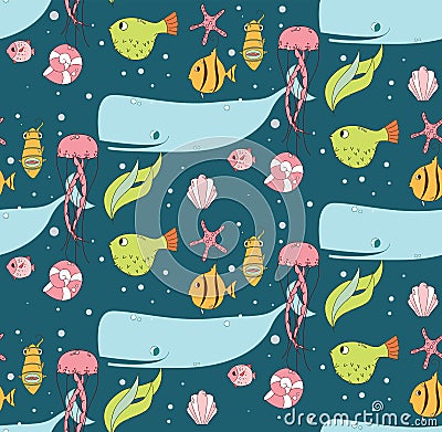 Seamless pattern with underwater scene, fish, whale, jelly fish Vector Illustration