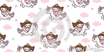 Seamless pattern unicorn fairy cartoon with princess cute Pegasus pony Child vector with pastel cloud Vector Illustration