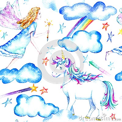 Seamless pattern of a unicorn,fairy,stars,clouds and rainbow. Cartoon Illustration