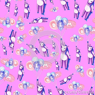 Seamless Pattern Unicorn flying on balloons. Cartoon Illustration