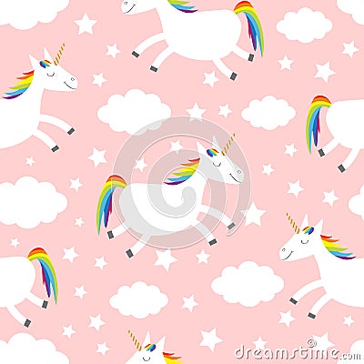 Seamless Pattern. Unicorn jumping. Cloud star in the sky. Cute cartoon kawaii funny smiling baby character. Wrapping paper, Vector Illustration