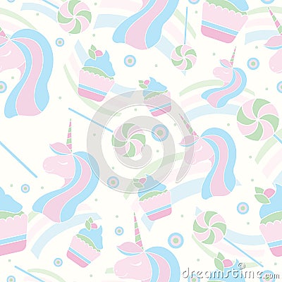 Seamless pattern with unicorn, lollipop and cupcakes. Cute background for textile, card, banners. Vector Illustration