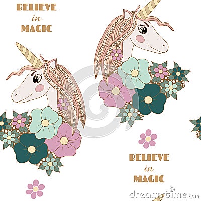 Seamless pattern with Unicorn with long hair with flower Vector Illustration