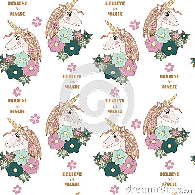 Seamless pattern with Unicorn with long hair with flower Vector Illustration