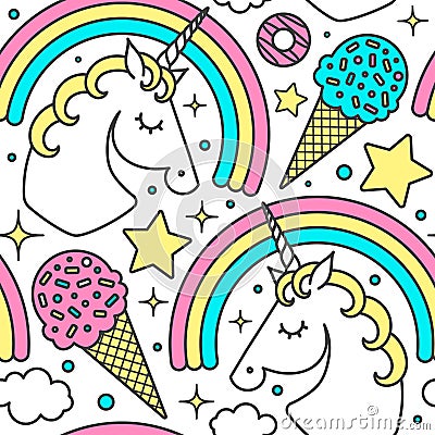 Seamless pattern with unicorn, rainbow, clouds, stars, ice cream, donuts. Vector cartoon style character. Isolated on white Vector Illustration