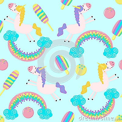 Seamless pattern with unicorn rainbow and ice cream - vector illustration, eps Vector Illustration