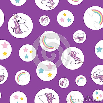 Seamless pattern Unicorn, rainbow and stars on circles, purple background Vector Illustration