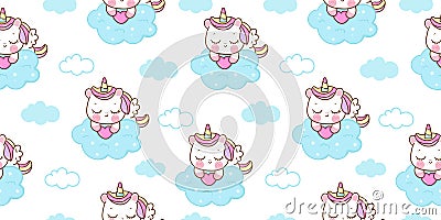 Seamless pattern unicorn sleep fairy cartoon cute pegasus pony Child vector with pastel cloud: Series Fairytale Kawaii Vector Illustration