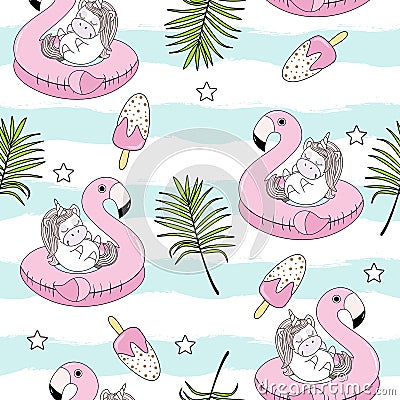 Seamless pattern with unicorns on a beautiful background. Vector Illustration