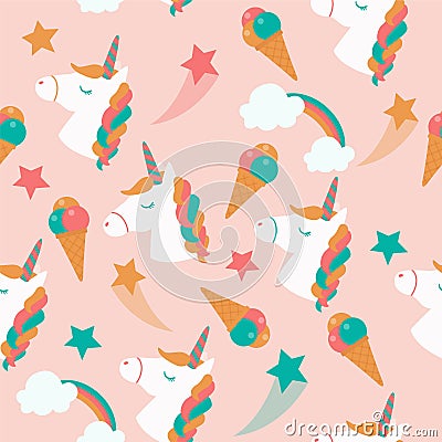 Seamless pattern with unicorns heads, rainbows, stars and ice cream, Cartoon Illustration