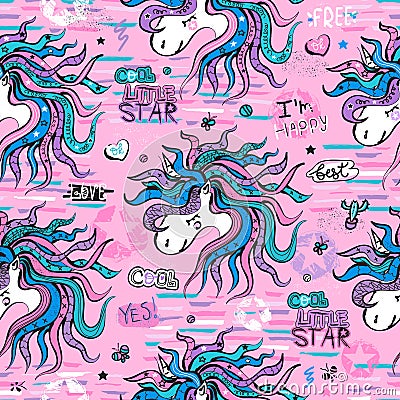 Seamless pattern with unicorns on a pink background. Kids illustration for design prints, clothes, textiles, cards and birthday in Cartoon Illustration