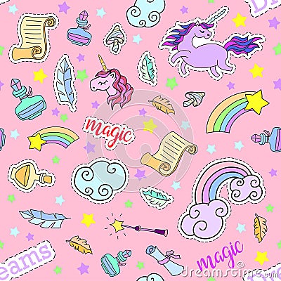 Seamless pattern with unicorns, rainbow, stars, clouds and other magic elements.Vector background stickers, pins Vector Illustration