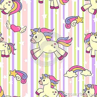 Seamless pattern with unicorns, stars, heart and rainbow Vector Illustration