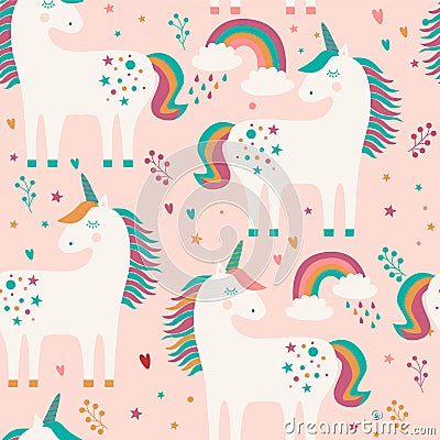 Seamless pattern with unicorns, stars, rainbows and hearts on pink background. Vector illustration. Cartoon Illustration