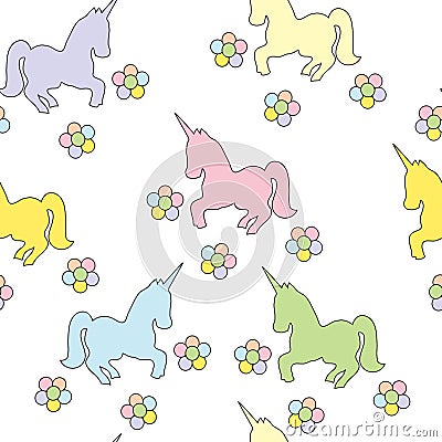 Seamless pattern with unicorns. Vector color picture. Children`s drawing. Vector Illustration