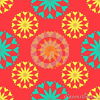 Seamless pattern, unusual flowers on a red background Vector Illustration