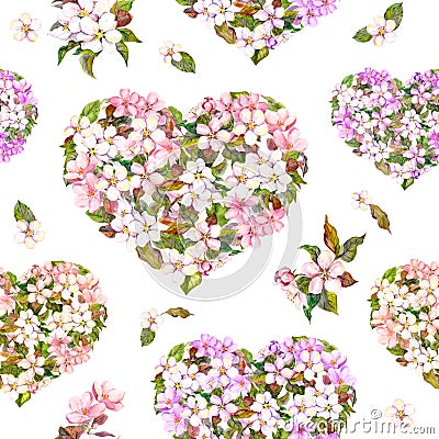 Seamless pattern for Valentine day - floral hearts with white and pink flower. Cherry blossom . Watercolor Stock Photo