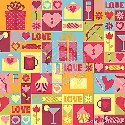 Seamless pattern with gifts, hearts, flowers for Valentine`s Day. Vector Illustration