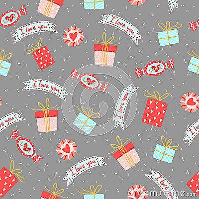 Seamless Pattern for Valentine s day with cute candies with heart and gift boxes Stock Photo