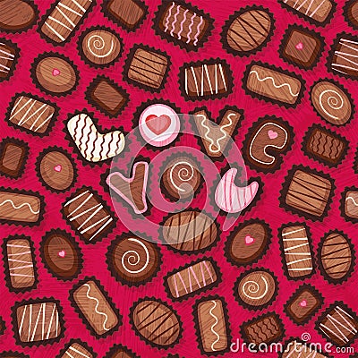 Seamless pattern of Valentines Day candy. Fancy chocolate bonbons with love you message. Vector Illustration