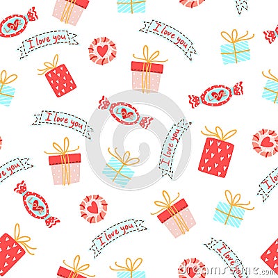 Seamless Pattern for Valentines day with cute candies with heart and gift boxes Stock Photo