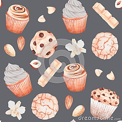 Seamless pattern. Vanilla sweets. Watercolor vintage illustration. For your design. Cartoon Illustration