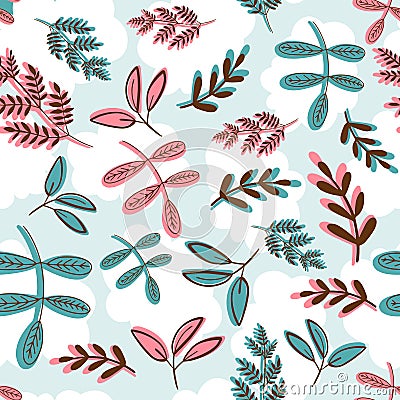 Seamless pattern of a variety of blue, teal and coral red branches, leaves and sprigs on a light blue background with Vector Illustration