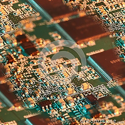 seamless pattern various chips, digital boards. Components of technical devices in creative lighting. Processor Stock Photo