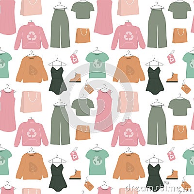 Seamless pattern with various clothes made from ethical materials. Recycled textiles and clothing. Concept of sustainable fashion Vector Illustration
