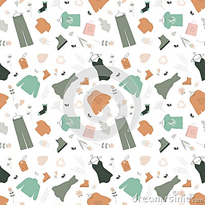 Seamless pattern with various clothes made from ethical materials. Recycled textiles and clothing. Concept of sustainable fashion Vector Illustration