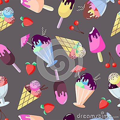 Seamless pattern of various delicious ice creams on a dark gray background Vector Illustration