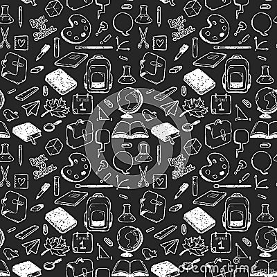 Seamless pattern with various elements for school drawn in chalk on black background Vector Illustration