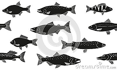 Seamless pattern various fish. Different types of fish. Black silhouettes Vector Illustration