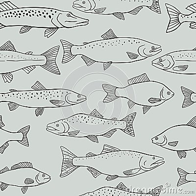 Seamless pattern various fish. Line drawing Vector Illustration