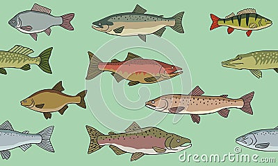 Seamless pattern various fish. Vector color graphics Vector Illustration