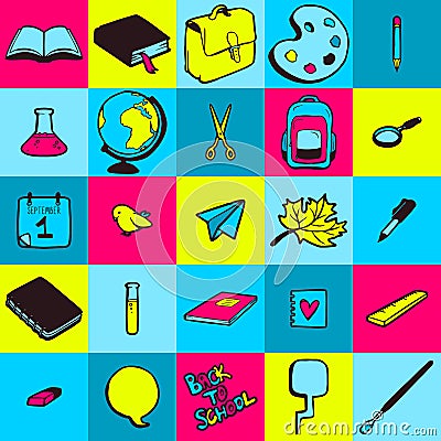 Seamless pattern with various hand drawn school icons Vector Illustration