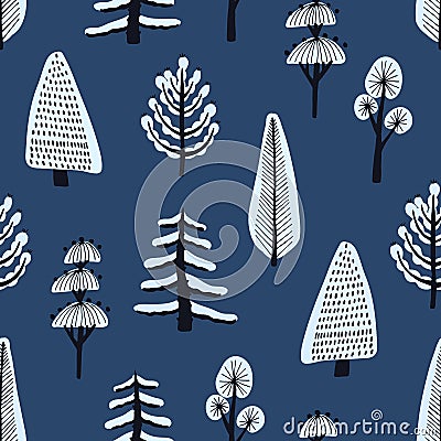 Seamless pattern with various hand drawn winter trees covered by snow on blue background. Backdrop with cartoon snowy Vector Illustration