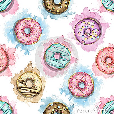 Watercolor seamless pattern with multicolor donuts on colorful stains backdrop Cartoon Illustration