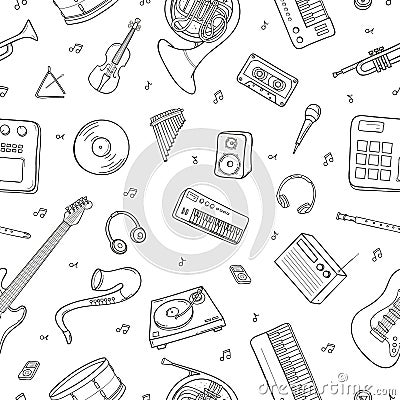 Seamless pattern with various musical instruments, symbols, objects and elements. Vector Illustration