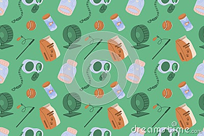 Seamless pattern of various pets accessories, equipment. Vector Illustration