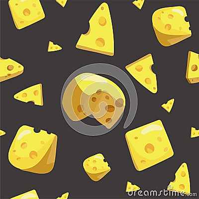 Seamless pattern with various piece of cheese with holes. Vector Illustration