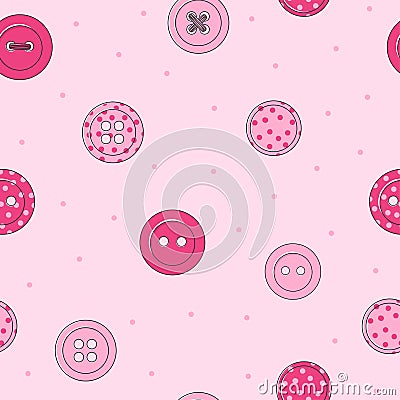 Seamless pattern with various pink clothing buttons on a pink background. Vector Illustration