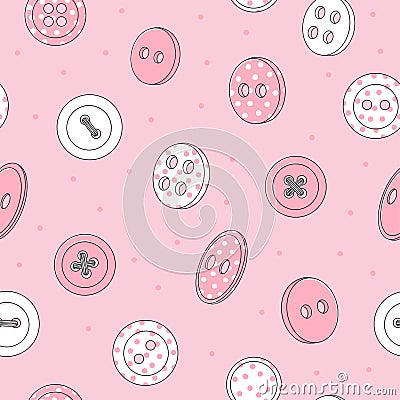 Seamless pattern with various pink clothing buttons on a pink background. Vector Illustration